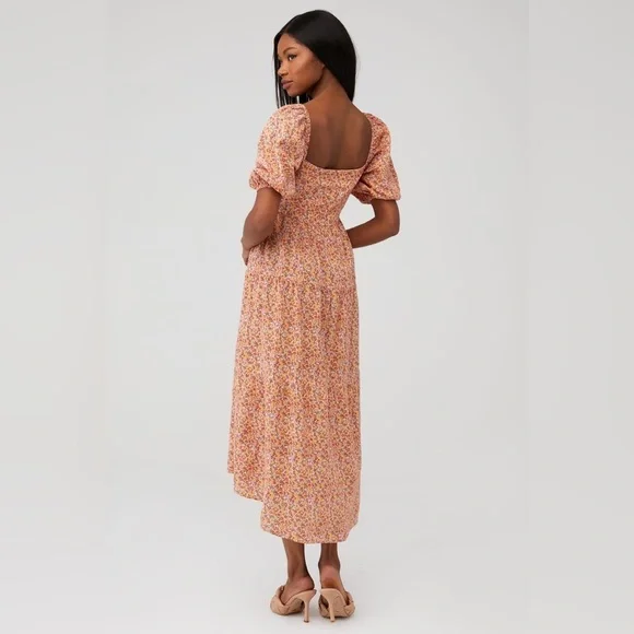 MINKPINK Floral High Low Puff Sleeve Square Neck Dress 100% Cotton Size Medium - Picture 3 of 14